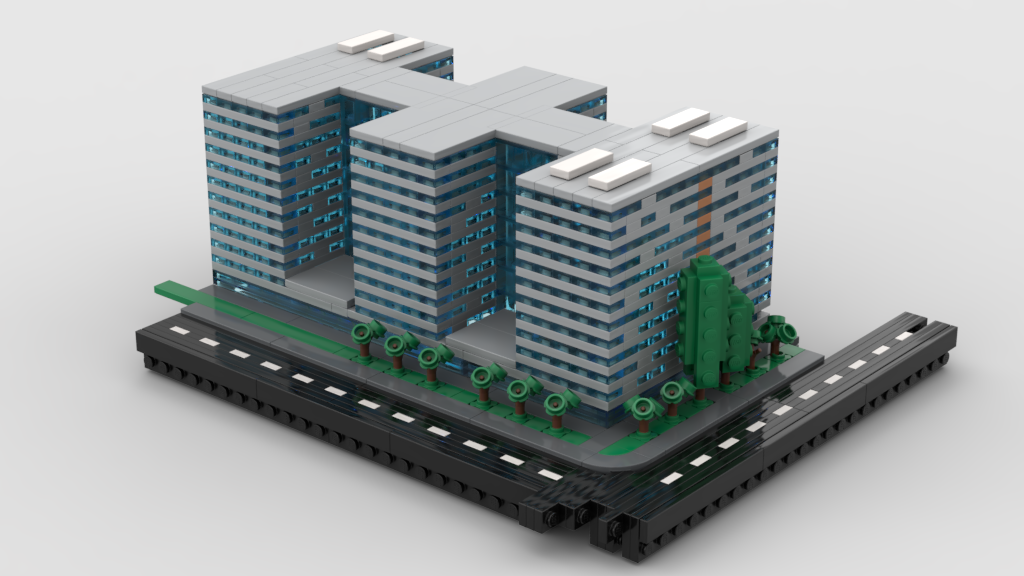 Two office towers on road base, isometric render